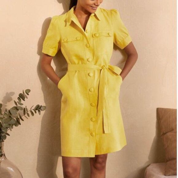 NWOT Boden Carrie Linen Women's Shirt Dress Daffodil Size 6P Yellow with Belted - Picture 7 of 9